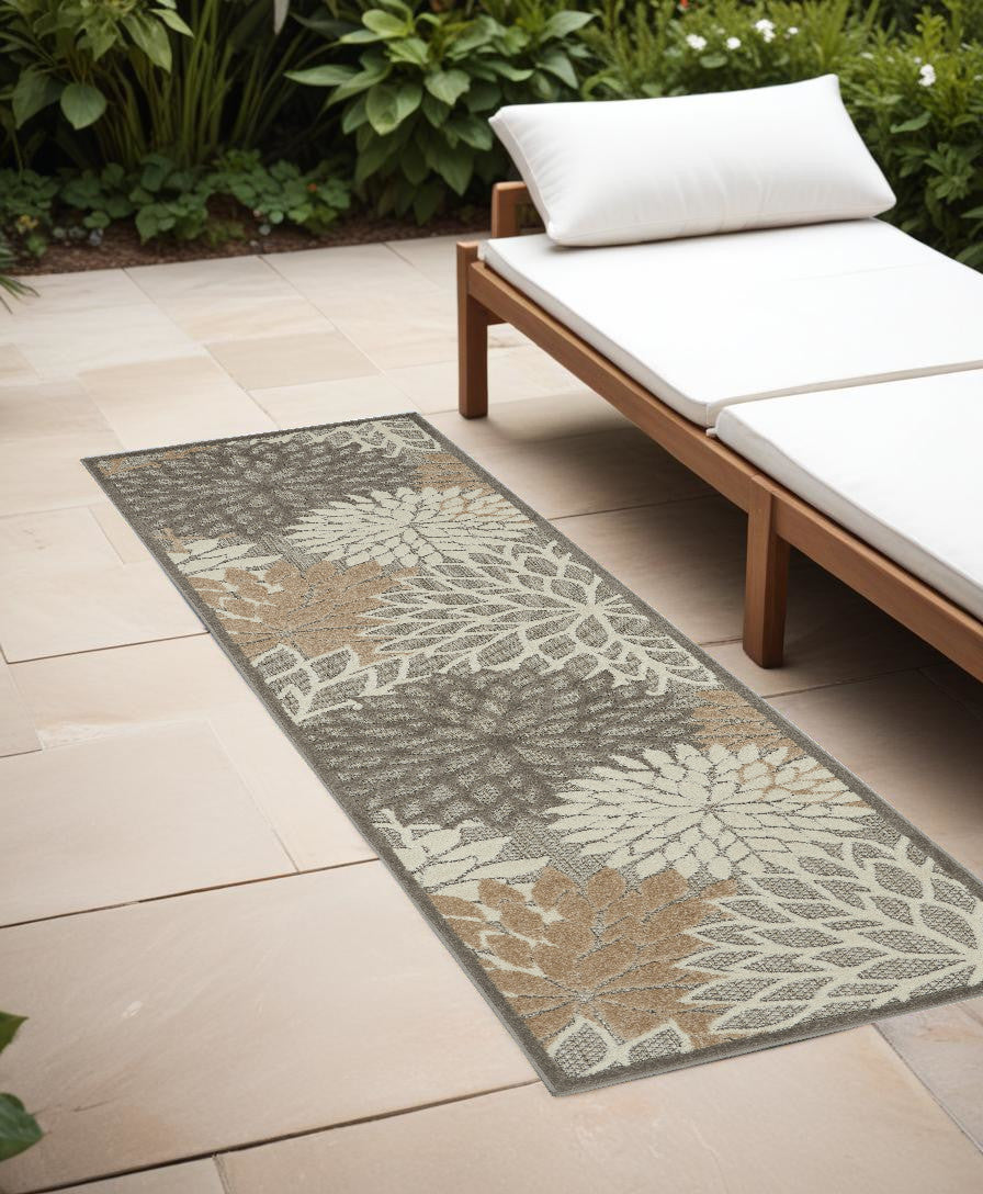 2' X 10' Gray And Ivory Floral Indoor Outdoor Area Rug