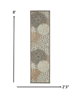 2' X 10' Gray And Ivory Floral Indoor Outdoor Area Rug