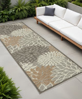 2' X 10' Gray And Ivory Floral Indoor Outdoor Area Rug