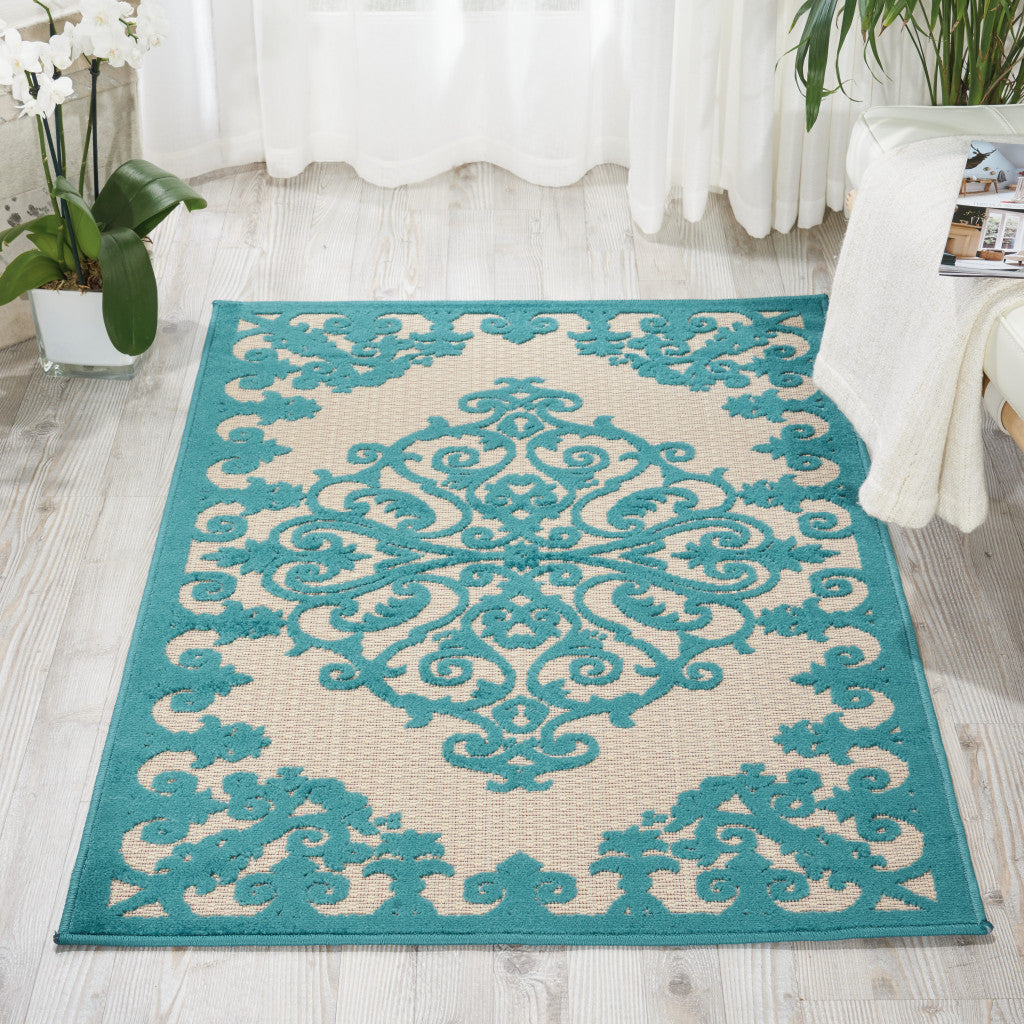 4' X 6' Aqua Damask Indoor Outdoor Area Rug