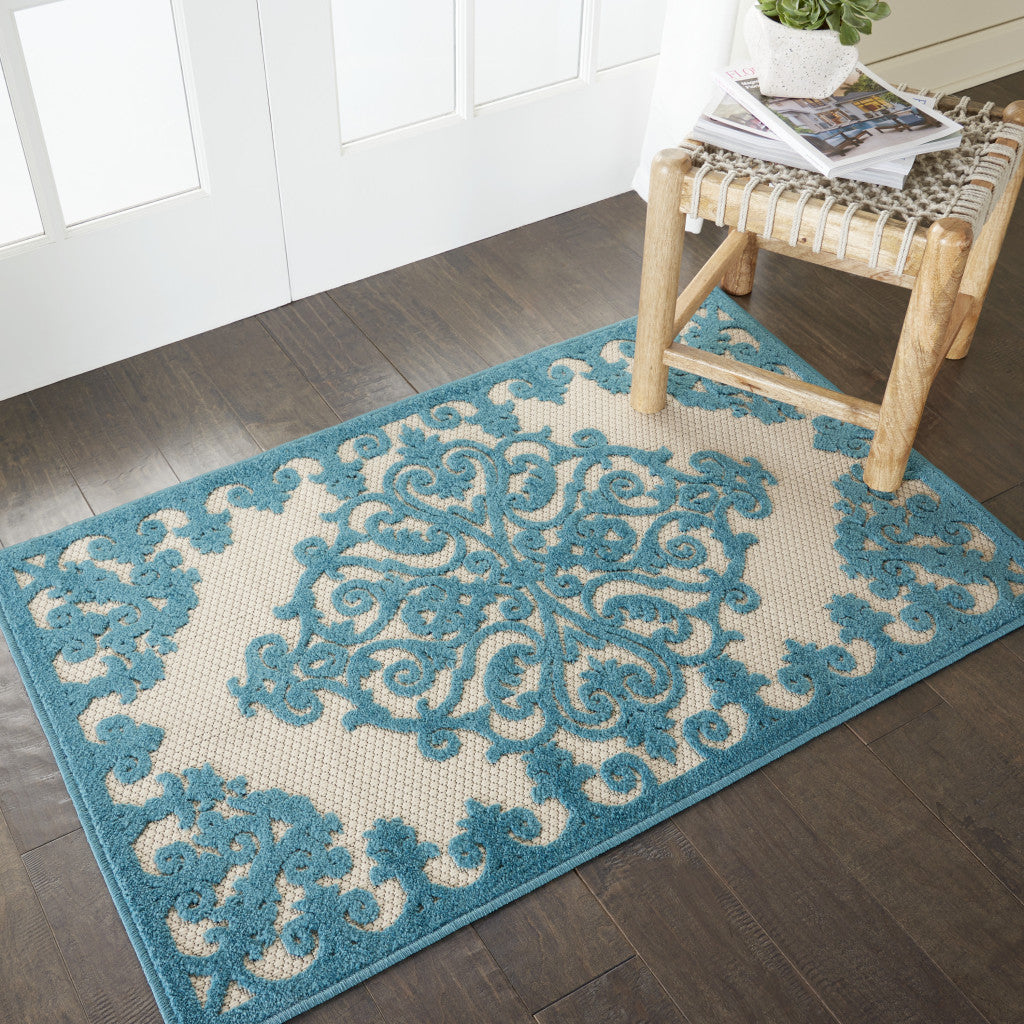 4' X 6' Aqua Damask Indoor Outdoor Area Rug