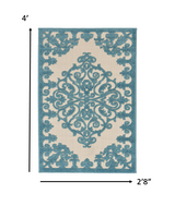 4' X 6' Aqua Damask Indoor Outdoor Area Rug