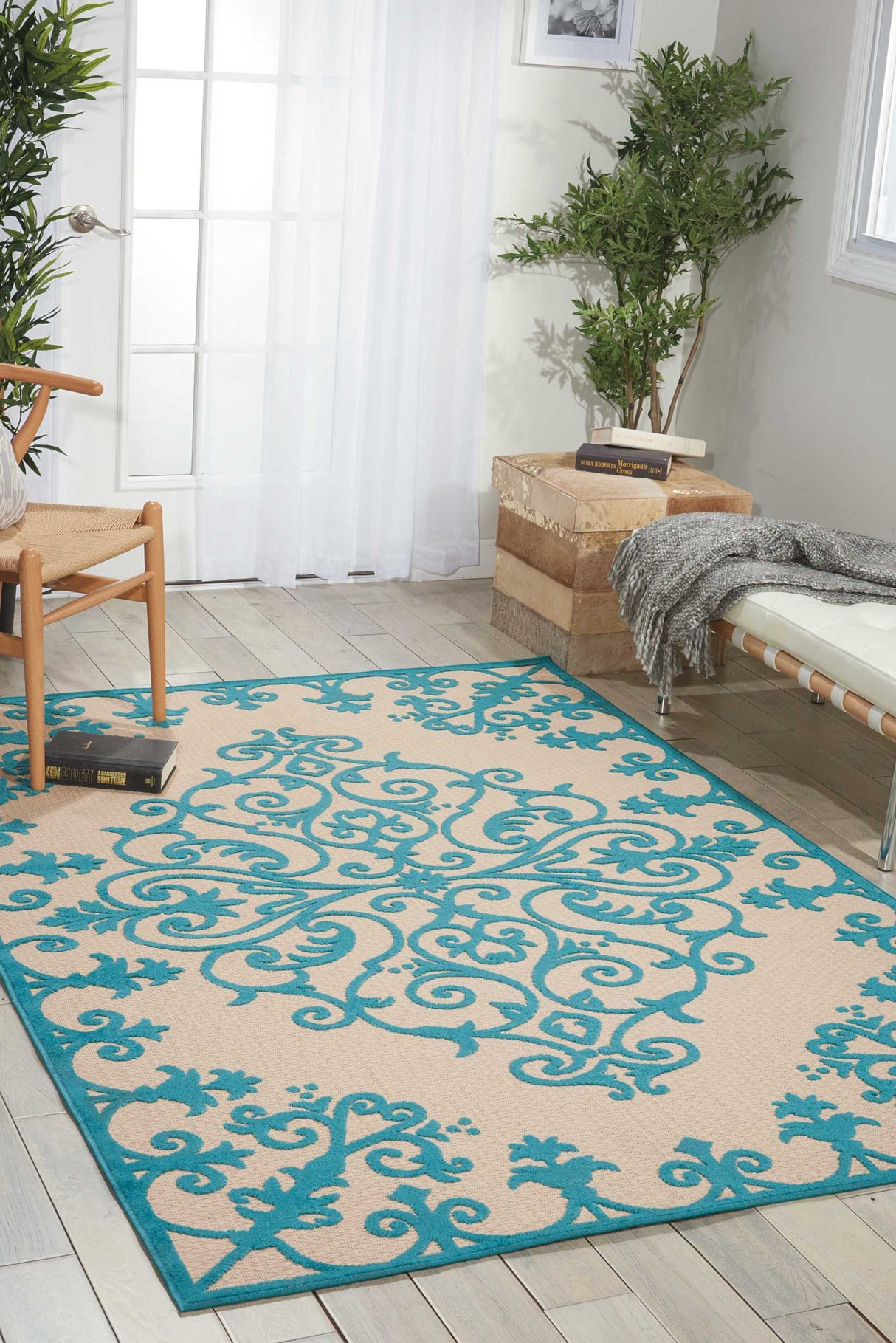 4' X 6' Aqua Damask Indoor Outdoor Area Rug