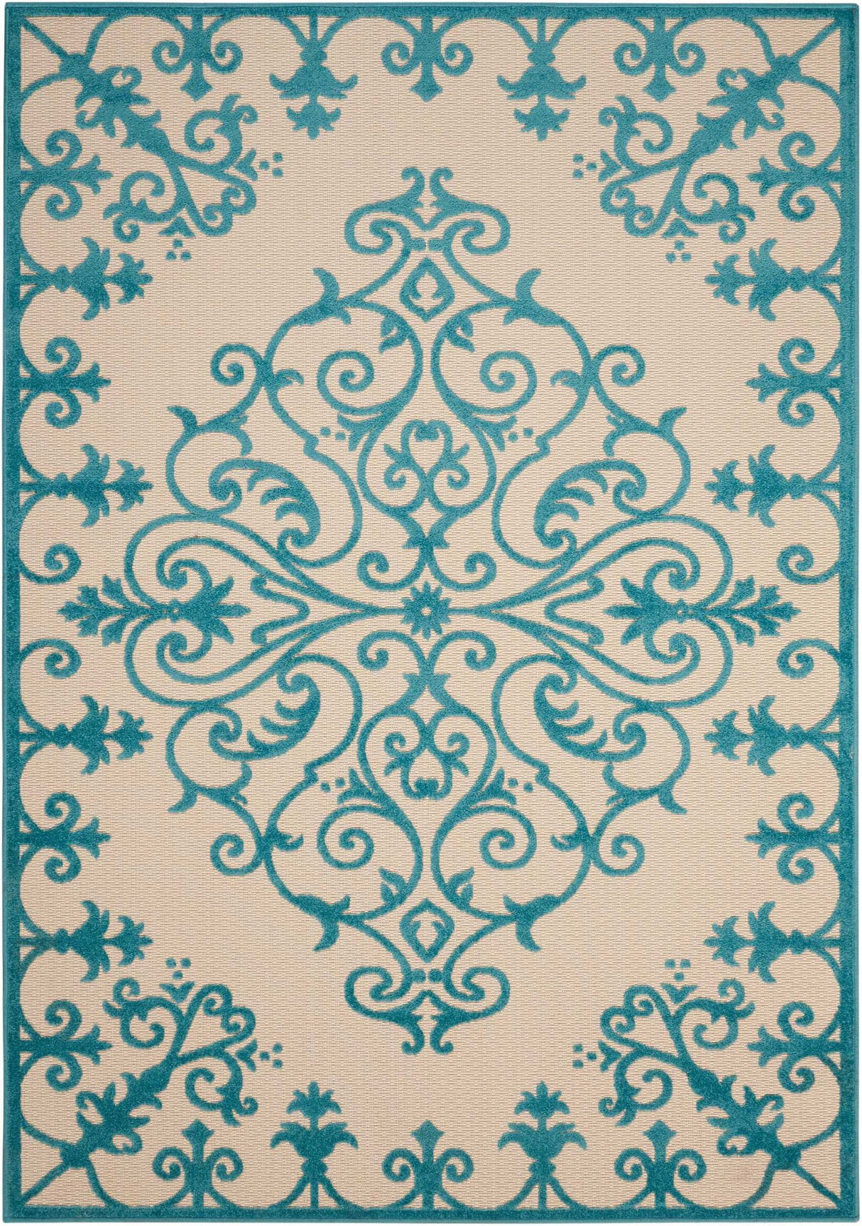 4' X 6' Aqua Damask Indoor Outdoor Area Rug