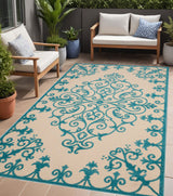 4' X 6' Aqua Damask Indoor Outdoor Area Rug