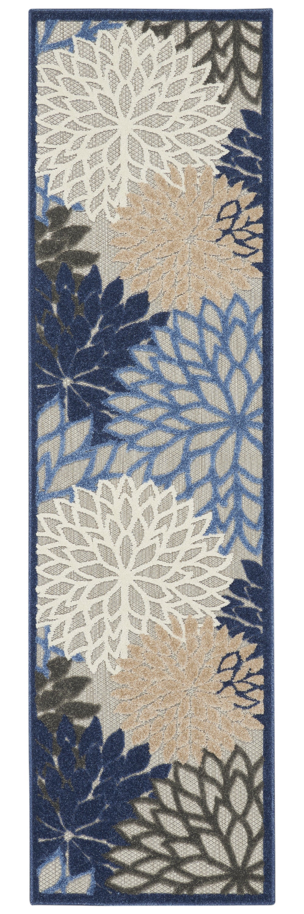 2' X 12' Blue Large Floral Indoor Outdoor Runner Rug