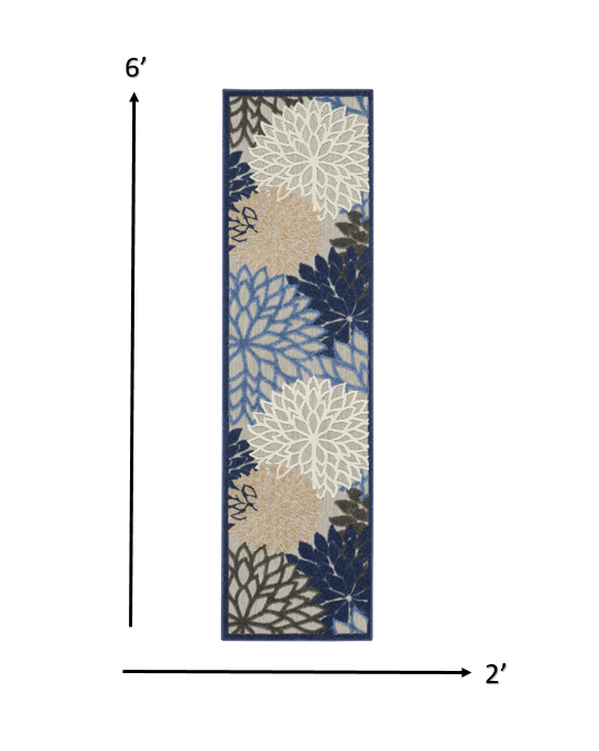 2' X 12' Blue Large Floral Indoor Outdoor Runner Rug