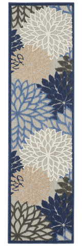 2' X 12' Blue Large Floral Indoor Outdoor Runner Rug