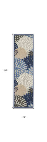 2' X 12' Blue Large Floral Indoor Outdoor Runner Rug