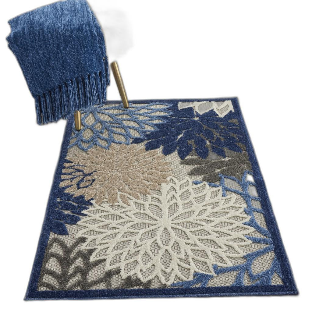 3' X 4' Blue And Gray Floral Indoor Outdoor Area Rug