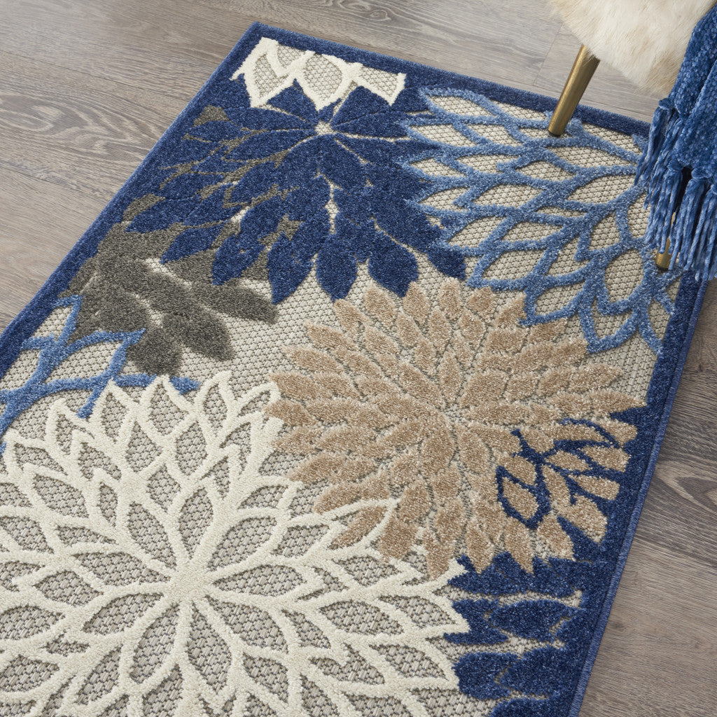 3' X 4' Blue And Gray Floral Indoor Outdoor Area Rug