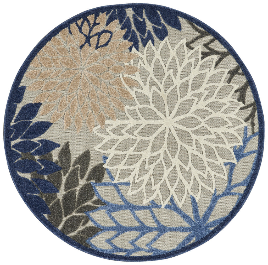 8' Round Blue And Gray Round Floral Indoor Outdoor Area Rug