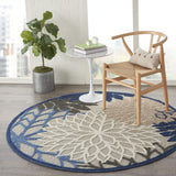 8' Round Blue And Gray Round Floral Indoor Outdoor Area Rug