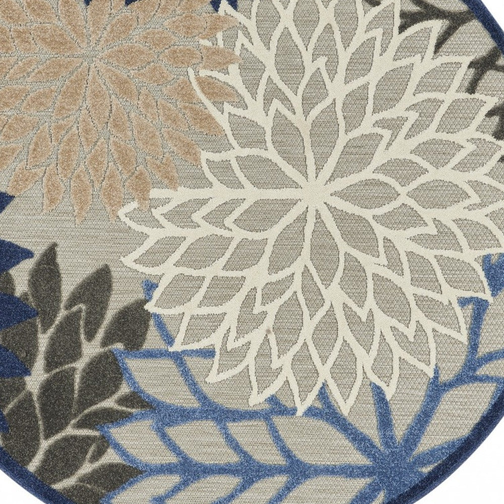 8' Round Blue And Gray Round Floral Indoor Outdoor Area Rug