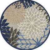 8' Round Blue And Gray Round Floral Indoor Outdoor Area Rug