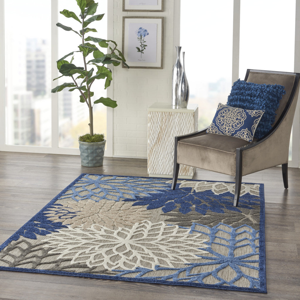 3' X 4' Blue And Gray Floral Indoor Outdoor Area Rug