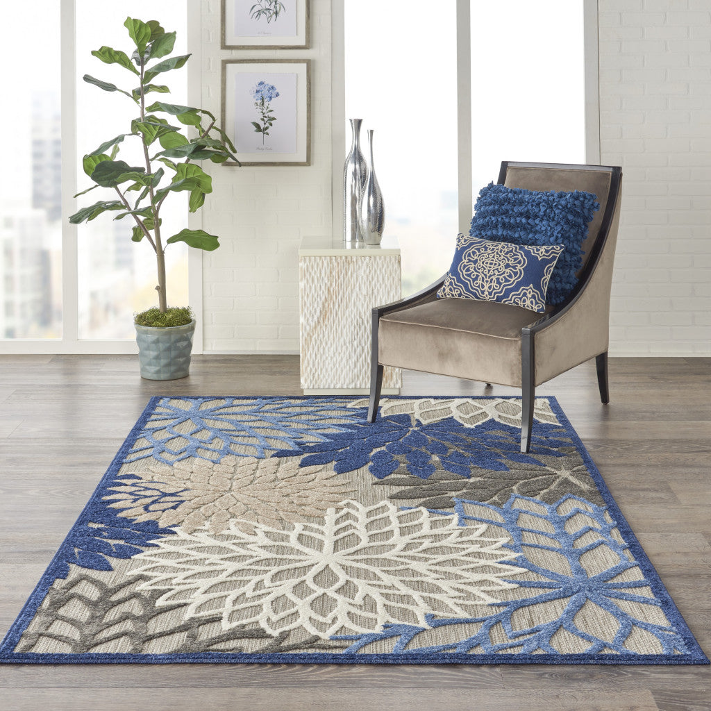 3' X 4' Blue And Gray Floral Indoor Outdoor Area Rug