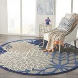 8' Round Blue And Gray Round Floral Indoor Outdoor Area Rug