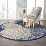 8' Round Blue And Gray Round Floral Indoor Outdoor Area Rug