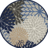 8' Round Blue And Gray Round Floral Indoor Outdoor Area Rug