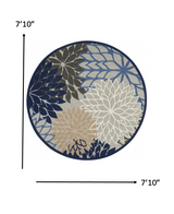 8' Round Blue And Gray Round Floral Indoor Outdoor Area Rug