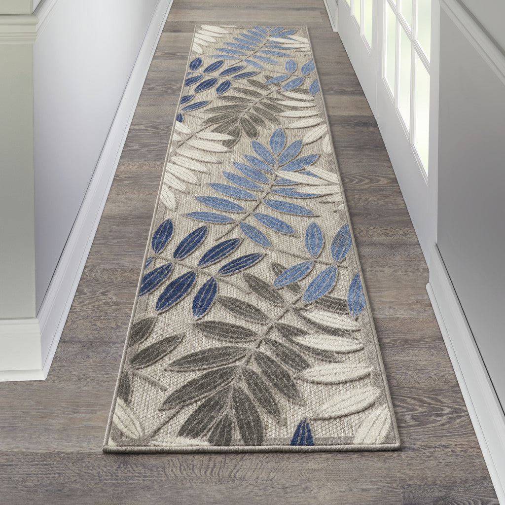 2' X 6' Grey/Blue Floral Indoor Outdoor Area Rug