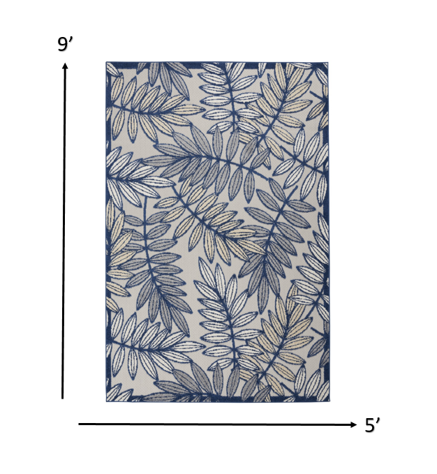 5' X 8' Ivory And Blue Floral Indoor Outdoor Area Rug