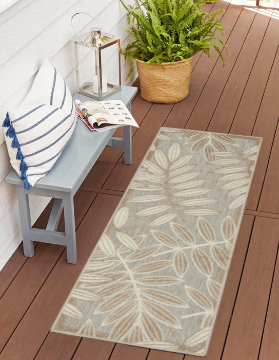 8' Beige Gray And Ivory Botanical Leaves Indoor Outdoor Runner Rug