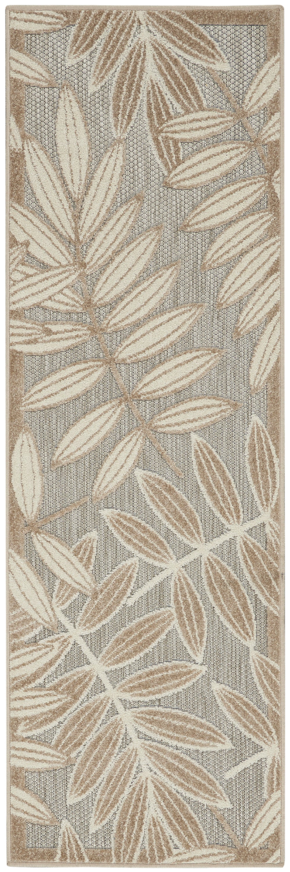 8' Beige Gray And Ivory Botanical Leaves Indoor Outdoor Runner Rug