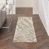 8' Beige Gray And Ivory Botanical Leaves Indoor Outdoor Runner Rug