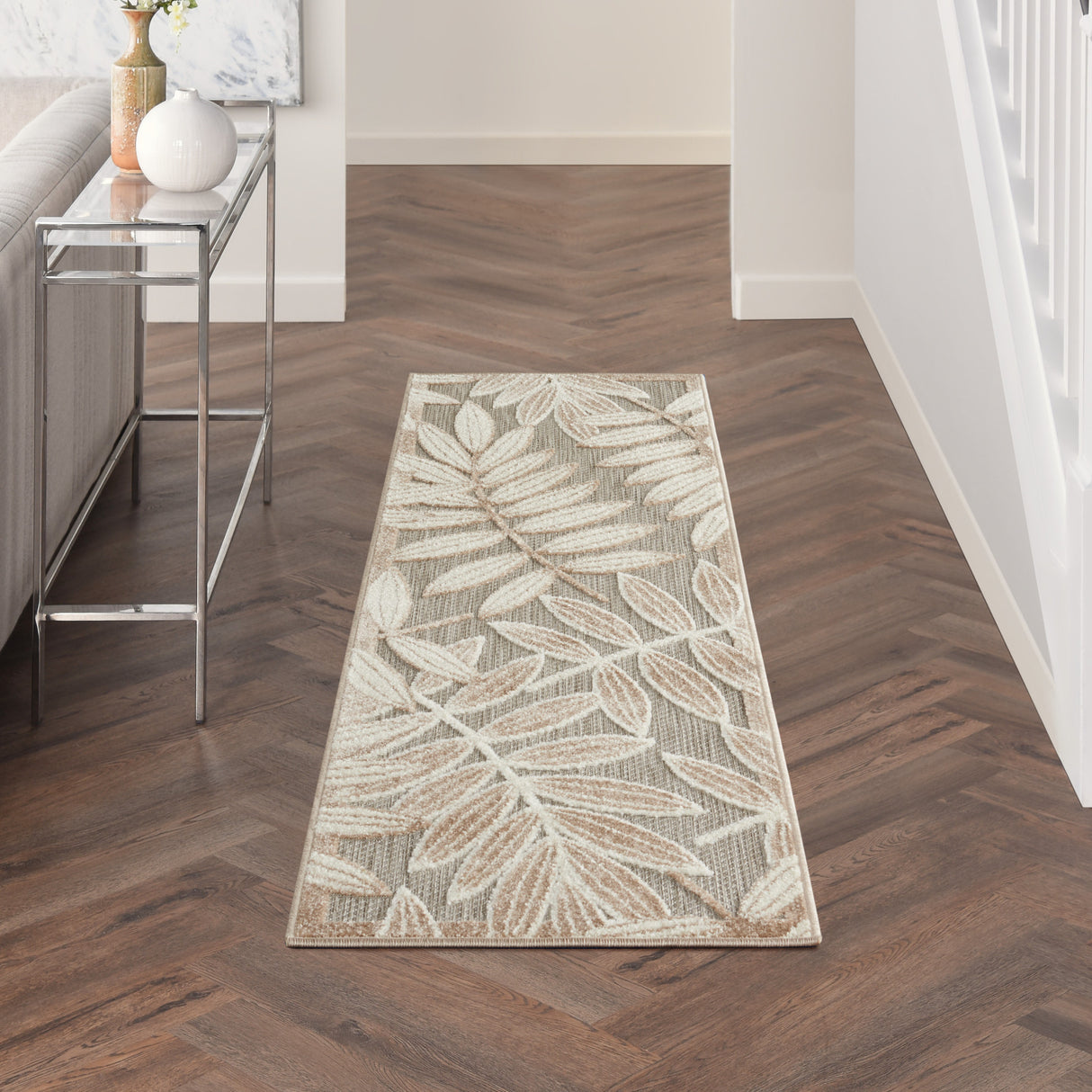 12' Runner Gray And Ivory Floral Indoor Outdoor Runner Rug