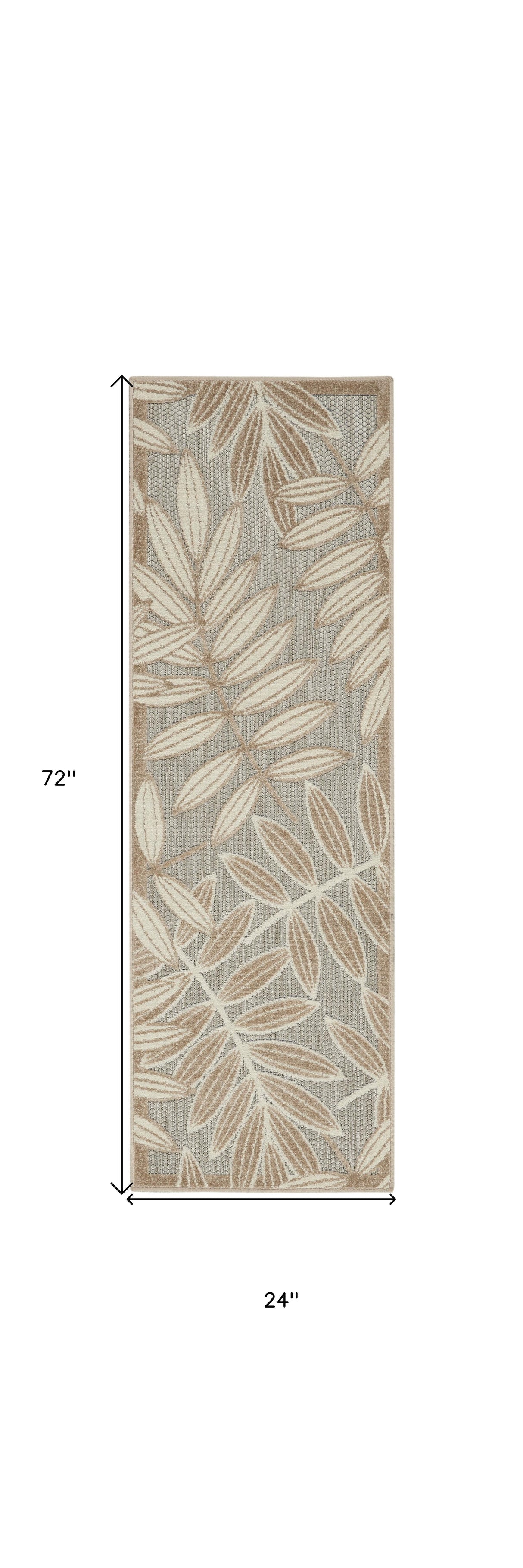 8' Beige Gray And Ivory Botanical Leaves Indoor Outdoor Runner Rug