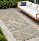 8' Beige Gray And Ivory Botanical Leaves Indoor Outdoor Runner Rug