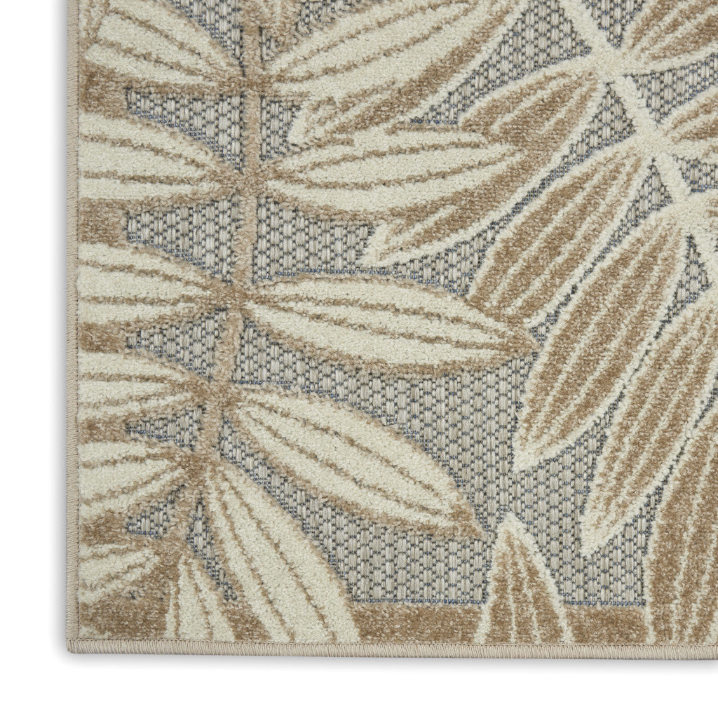 8' Beige Gray And Ivory Botanical Leaves Indoor Outdoor Runner Rug