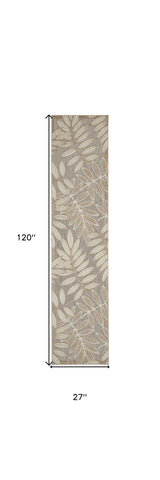 8' Beige Gray And Ivory Botanical Leaves Indoor Outdoor Runner Rug