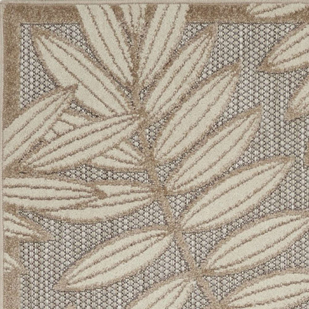 8' Beige Gray And Ivory Botanical Leaves Indoor Outdoor Runner Rug