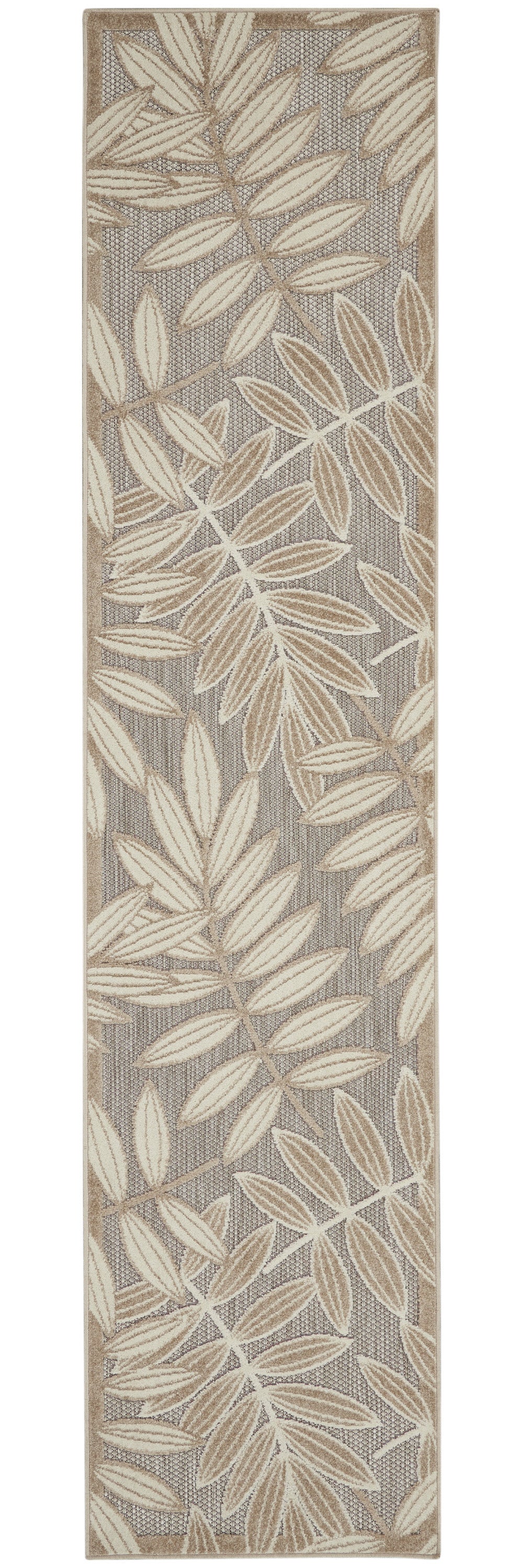 8' Beige Gray And Ivory Botanical Leaves Indoor Outdoor Runner Rug