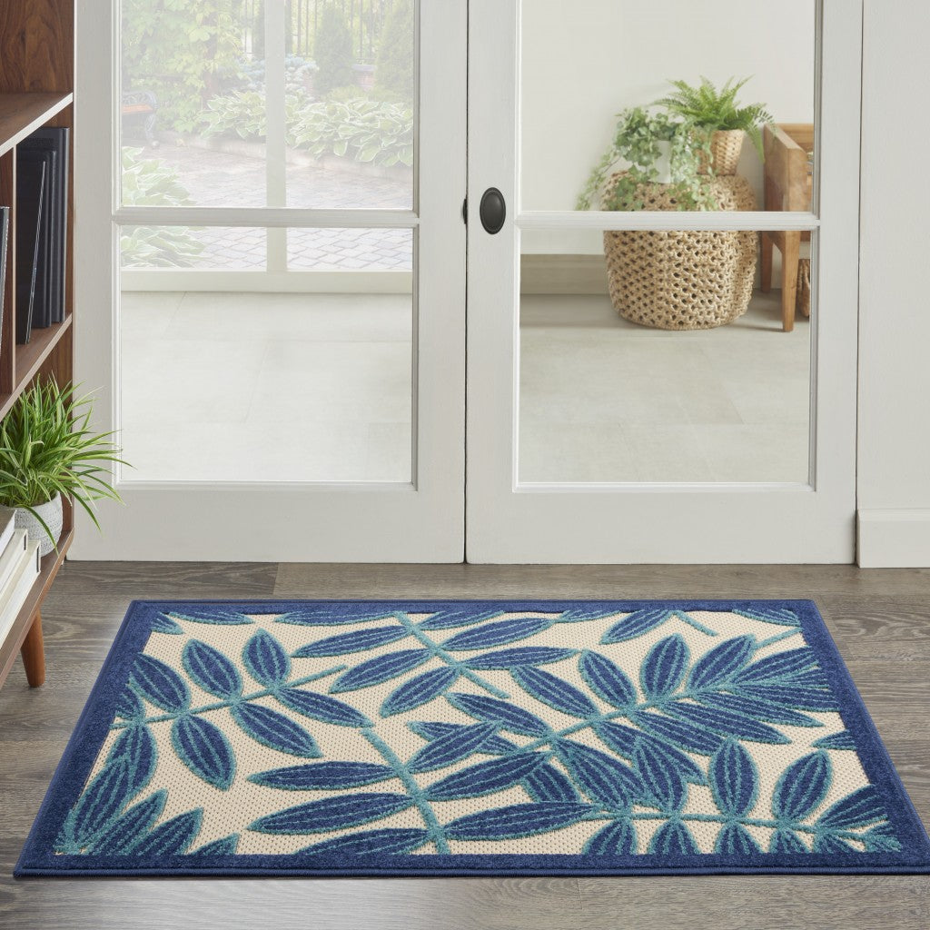 4' X 6' Blue And Ivory Floral Indoor Outdoor Area Rug