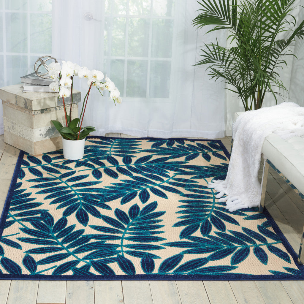 4' X 6' Blue And Ivory Floral Indoor Outdoor Area Rug