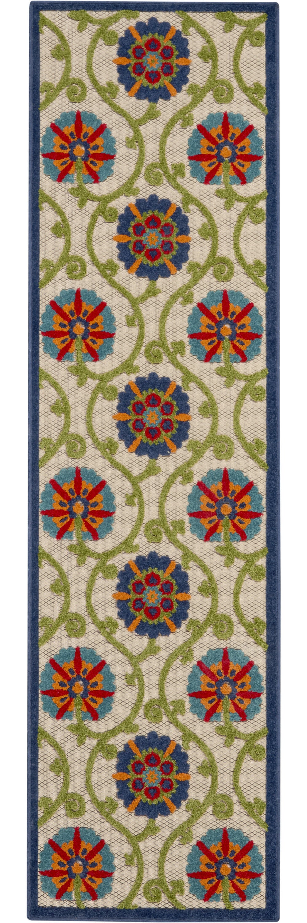 7' X 10' Ivory And Blue Floral Indoor Outdoor Area Rug