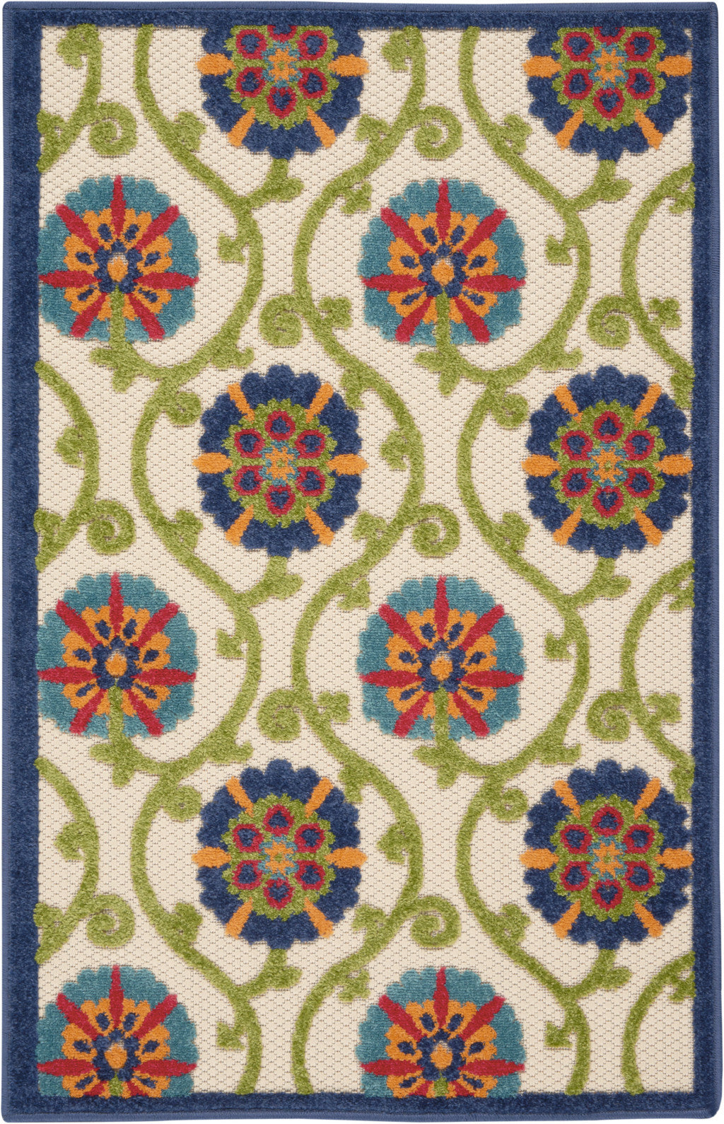 4' X 6' Ivory And Blue Floral Indoor Outdoor Area Rug