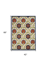 4' X 6' Ivory And Blue Floral Indoor Outdoor Area Rug