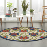 8' Round Ivory And Blue Round Floral Indoor Outdoor Area Rug