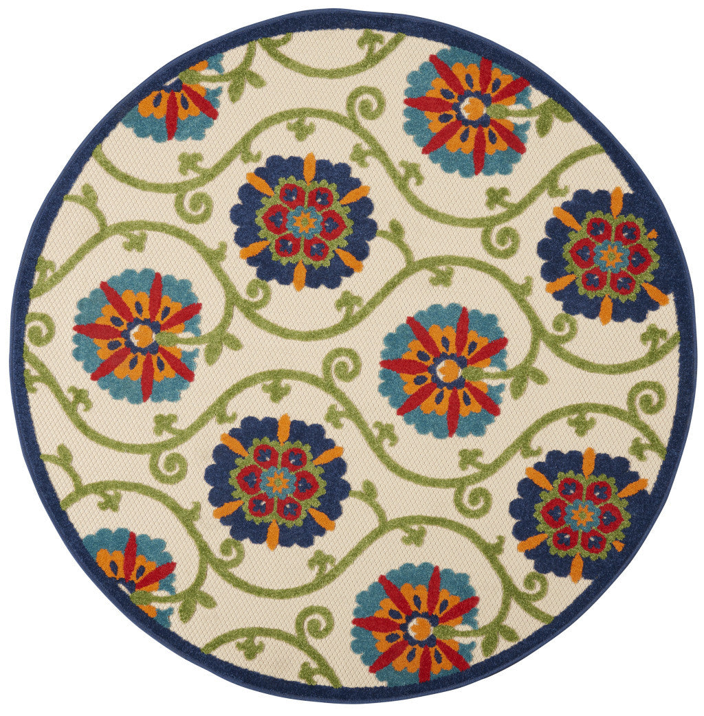 8' Round Ivory And Blue Round Floral Indoor Outdoor Area Rug