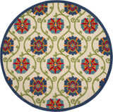 8' Round Ivory And Blue Round Floral Indoor Outdoor Area Rug