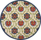 8' Round Ivory And Blue Round Floral Indoor Outdoor Area Rug