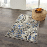 8' X 11' Blue And Gray Floral Indoor Outdoor Area Rug