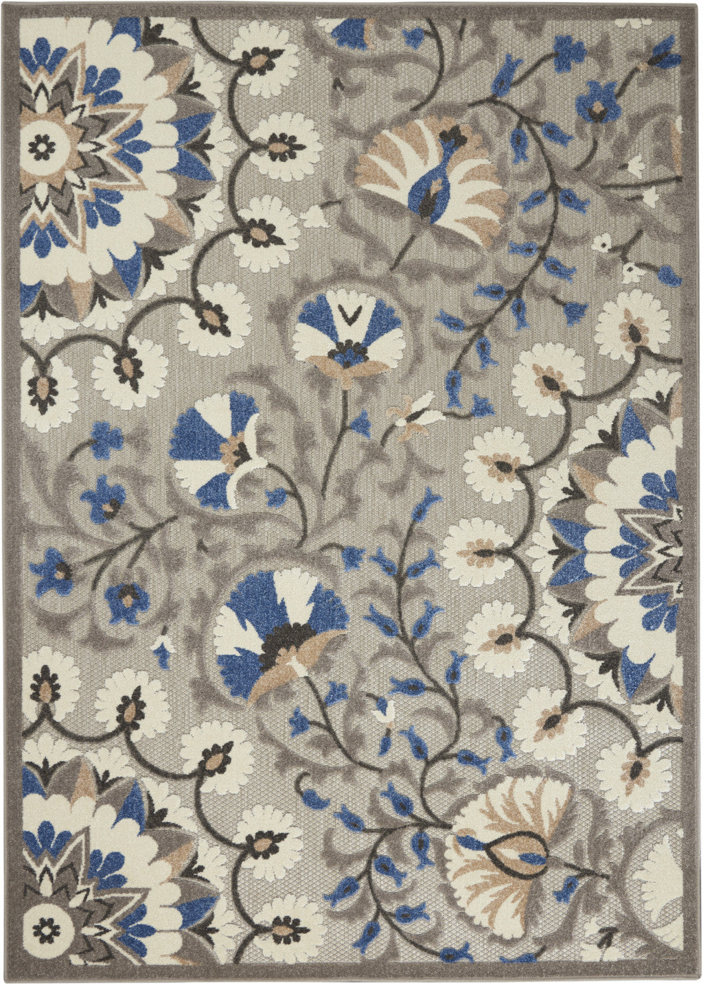 8' X 11' Blue And Gray Floral Indoor Outdoor Area Rug