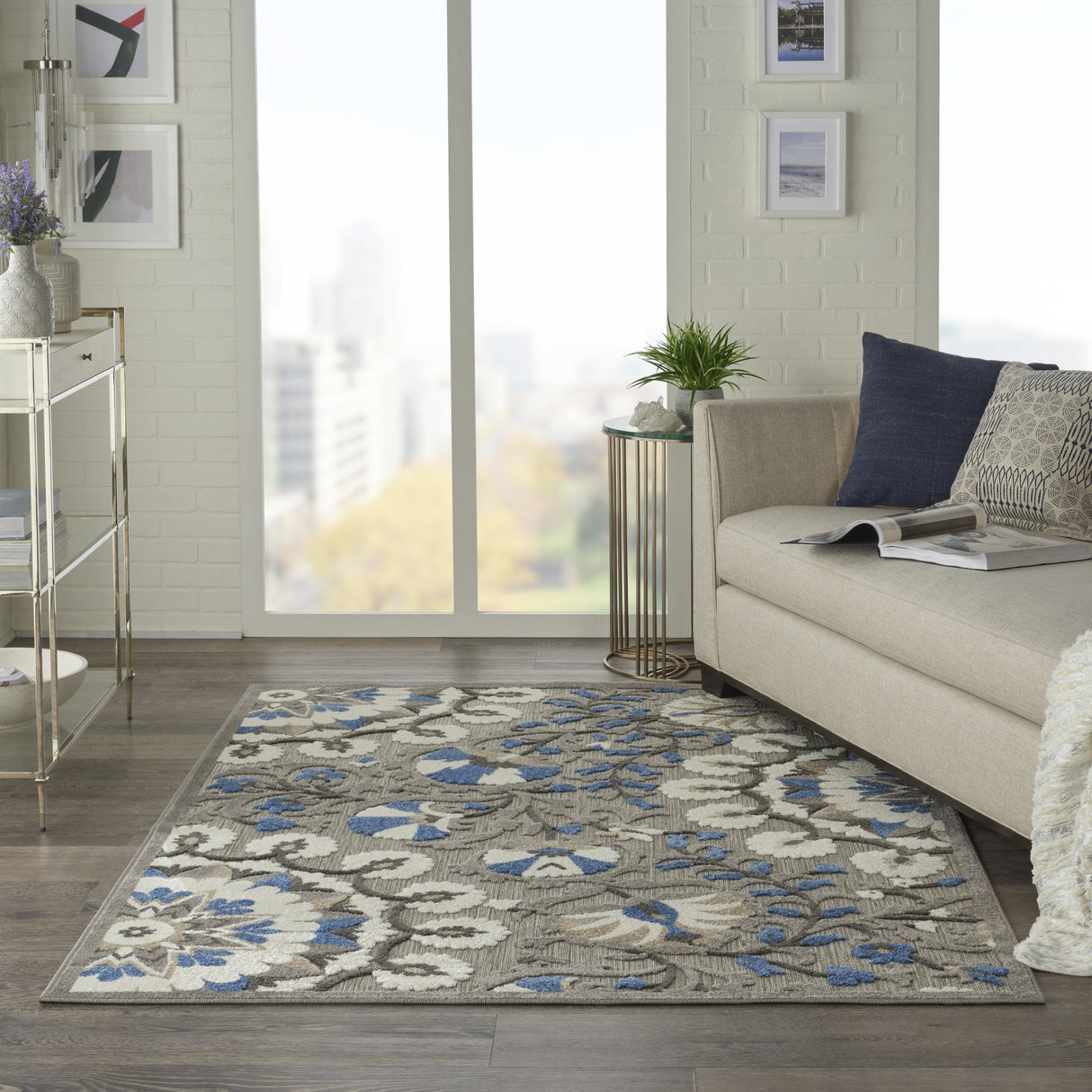 8' X 11' Blue And Gray Floral Indoor Outdoor Area Rug