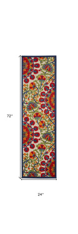 2' X 6' Red And Ivory Floral Indoor Outdoor Area Rug